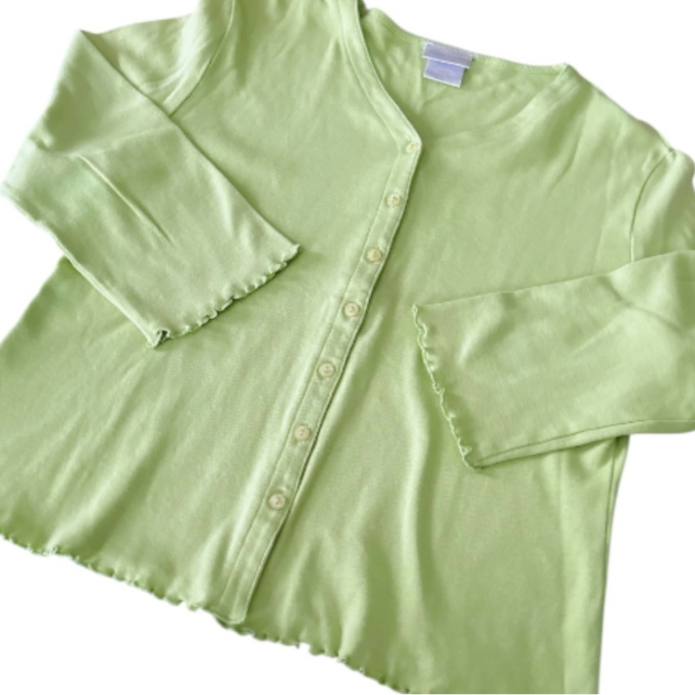 Pierre Cardin Rare Green Knit Cardigan Sweater Lettuce Trim Ruffles Cotton M